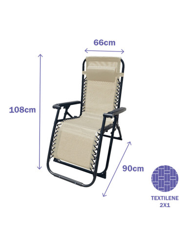 Marbueno Chaise Longue Pliante Acier Avec Coussin Jardin et Piscine 90X66X108 cm Gravité Zéro Beige 10005