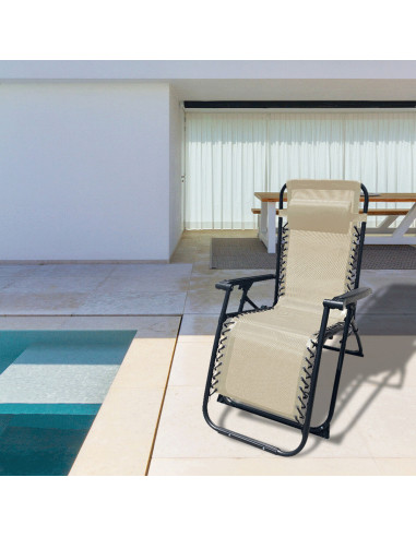 Marbueno Chaise Longue Pliante Acier Avec Coussin Jardin et Piscine 90X66X108 cm Gravité Zéro Beige 10005
