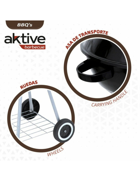 Roues de barbecue au charbon de bois Aktive 46 cm Ronde Noir Avec couvercle