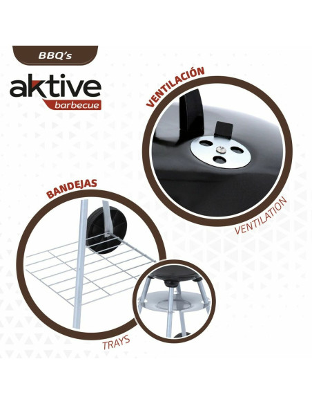 Roues de barbecue au charbon de bois Aktive 46 cm Ronde Noir Avec couvercle