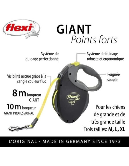 Laisse enrouleur Flexi Neon Giant - FLEXI - GT3-210-S-NEO-12 - Noir et jaune - Pour chiens jusqu'a 50 kg