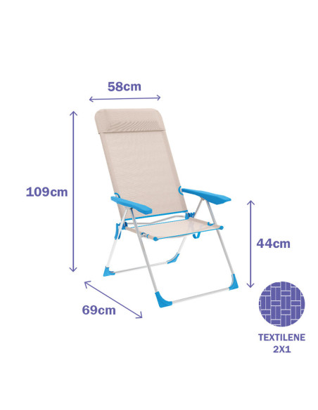 "Marbueno Chaise Pliante 5 Positions Aluminium avec Coussin Beige/Bleu Plage et Piscine 69X58X109 cm 10175"