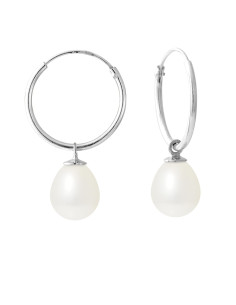 PERLINEA- Boucles d'Oreilles- Perles de Culture d'Eau Douce- Diamètre 8-9 mm Blanc- Bijou Femme