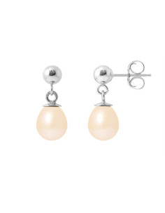 PERLINEA- Boucles d'Oreilles- Perles de Culture d'Eau Douce Poire 6-7  mm Rose- Bijou Femme