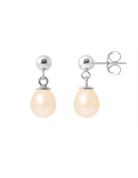 PERLINEA- Boucles d'Oreilles- Perles de Culture d'Eau Douce Poire 6-7  mm Rose- Bijou Femme